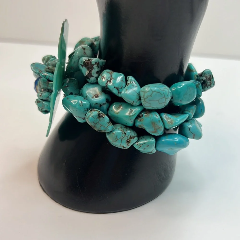 Hand Beaded Turquoise 3-Strand Floral Bracelet